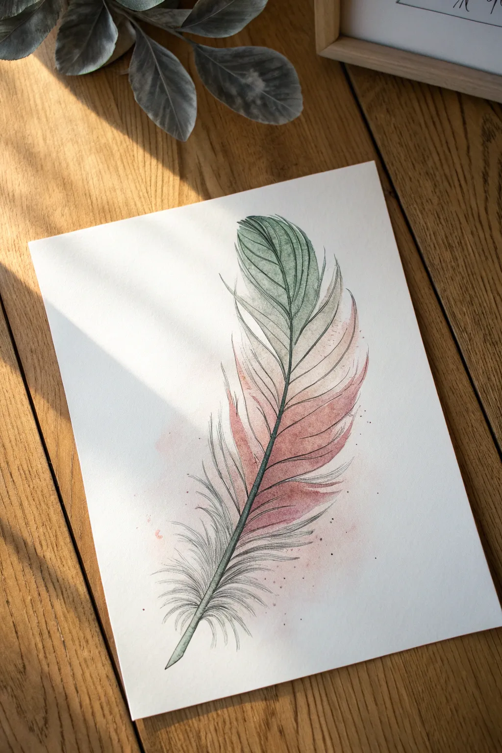 Minimal ink-and-wash feather with soft watercolor blooms, perfect for calm Scandinavian boho art.