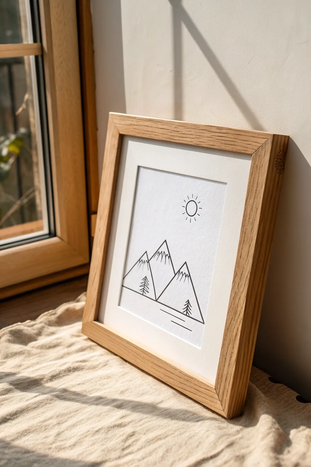 Simple fine line mountain outline in a modern frame, minimalist Scandinavian decor with boho warmth.
