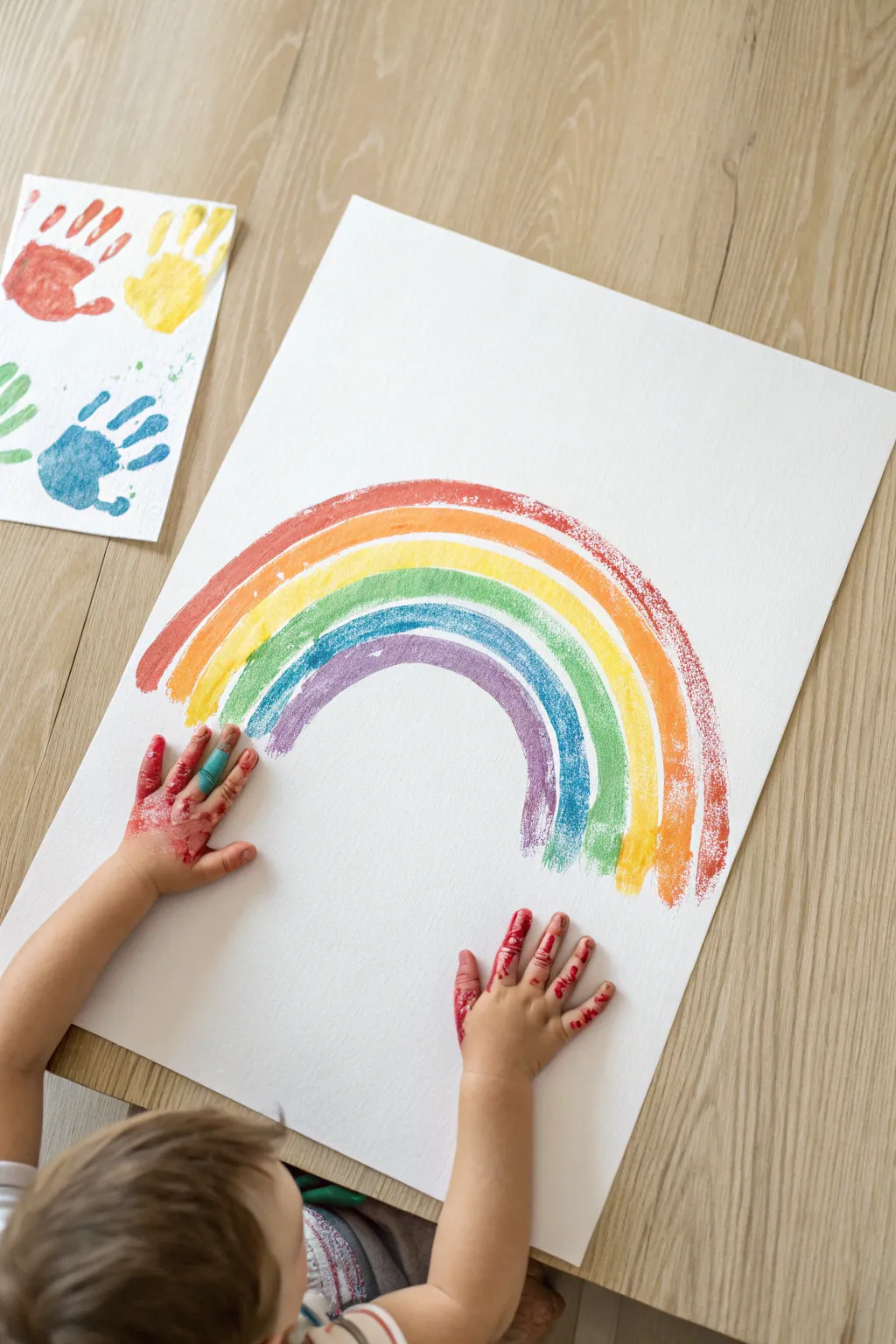 Handprint rainbow keepsake on thick paper, simple and joyful for tiny artists at home.
