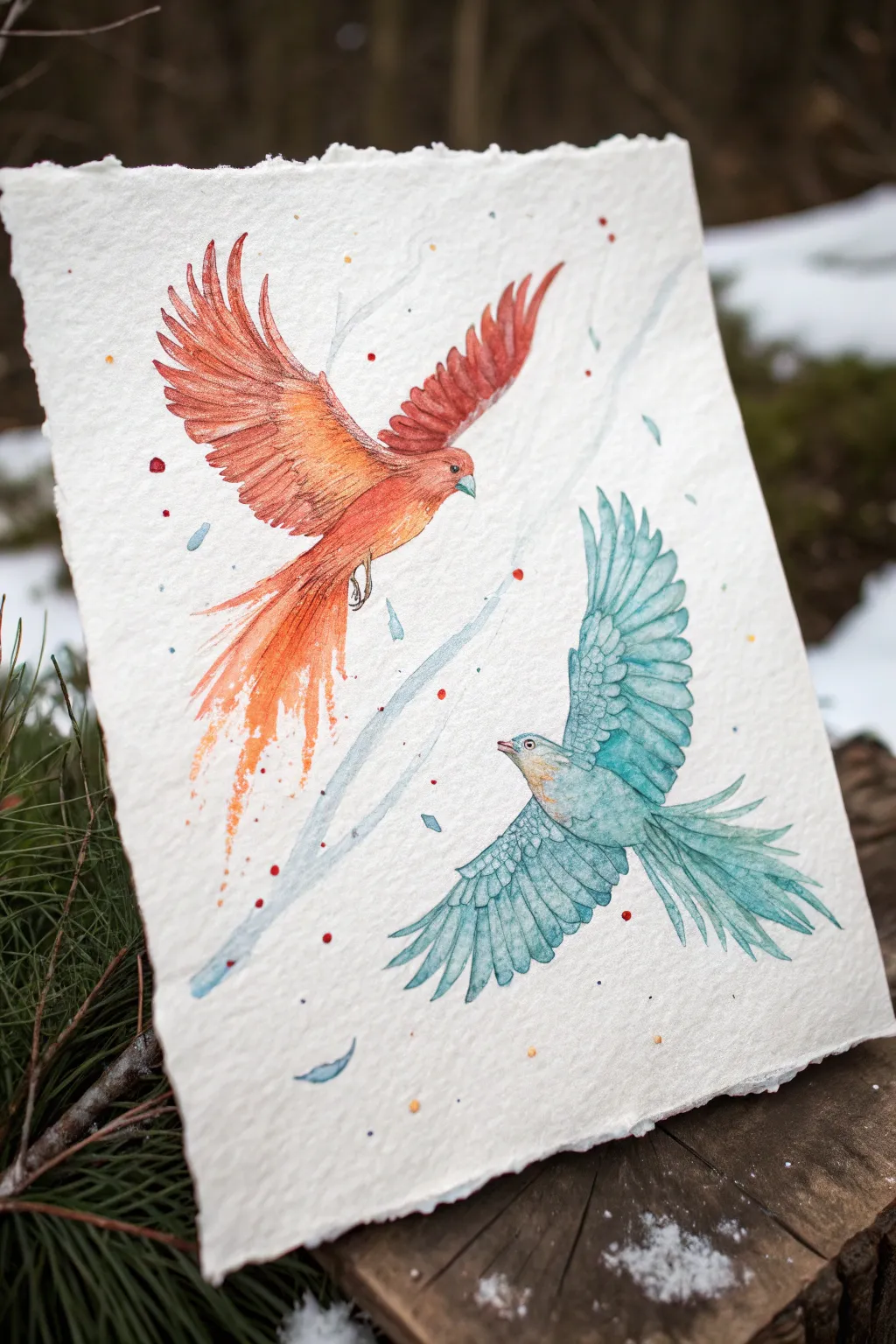 Fire bird and ice bird collide mid-air, a bold warm-vs-cool drawing idea with clean contrast