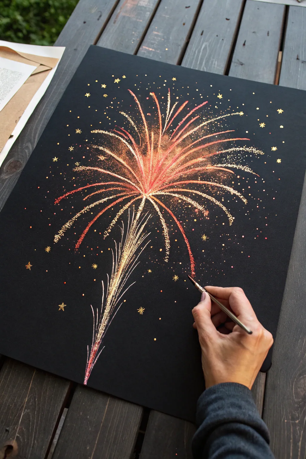 Fork-pulled comet fireworks: drag a fork through wet paint to create bold, textured streaks.