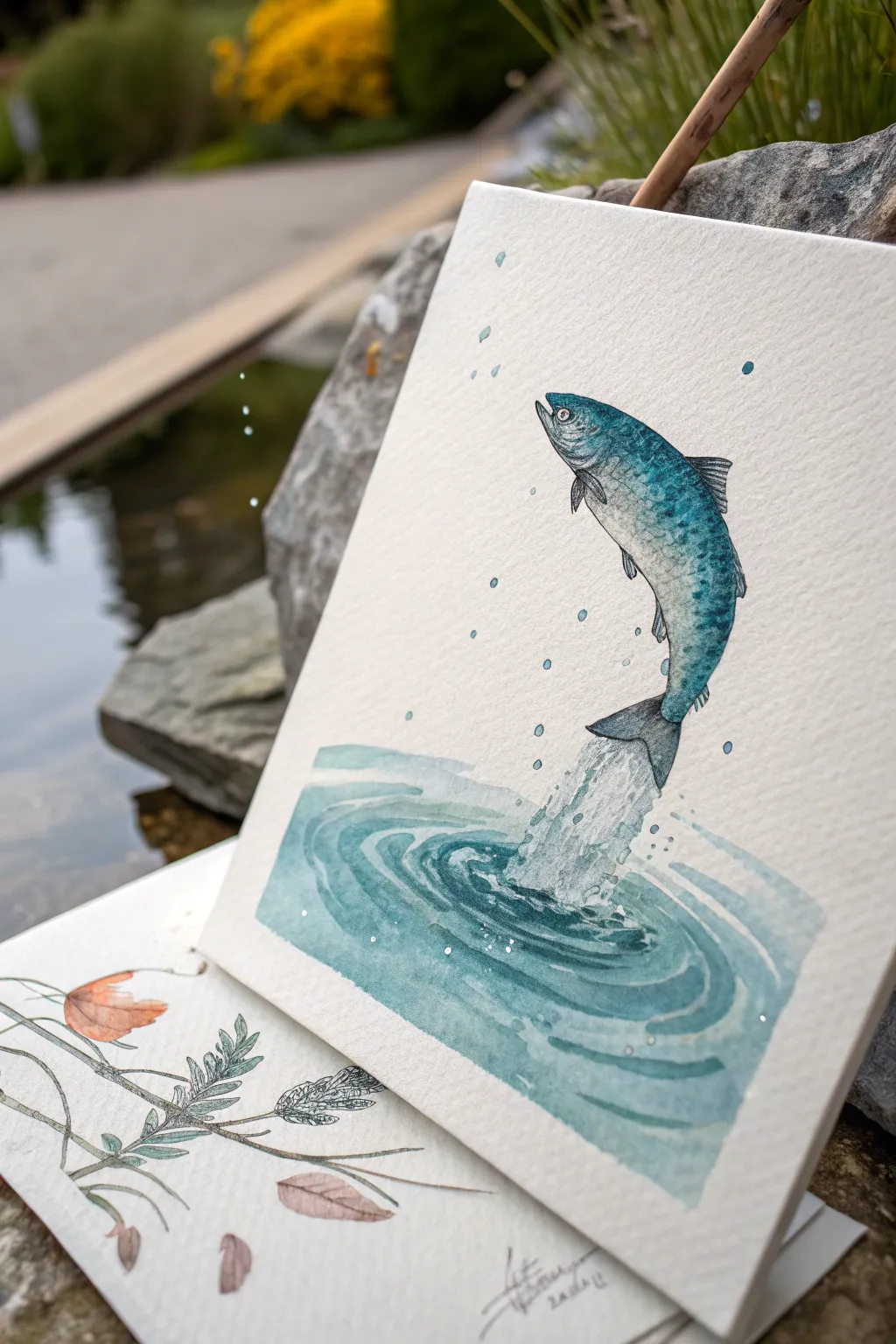 Minimal watercolor fish leaping with bright splashes and ripples, calm Nordic boho vibe