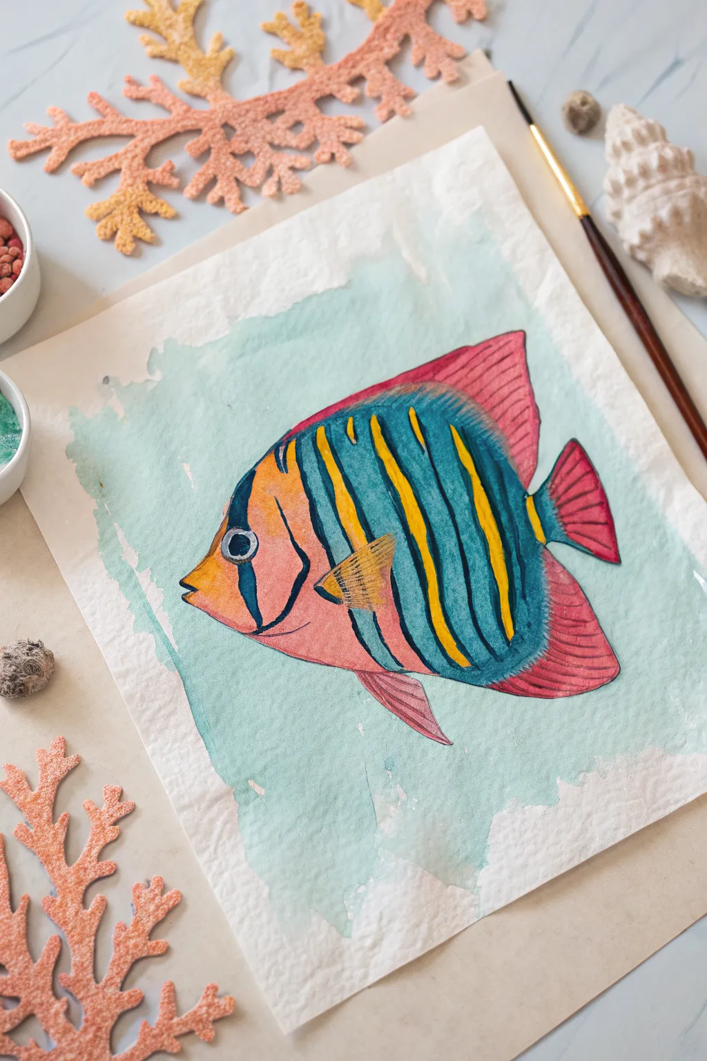 Tropical fish color pop: bold stripes on serene aqua, minimalist coral accents for easy painting inspo