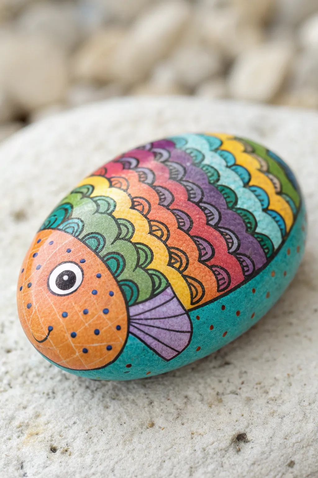 Rainbow fish rock with crisp, overlapping scales in tidy rows, bright yet minimalist.