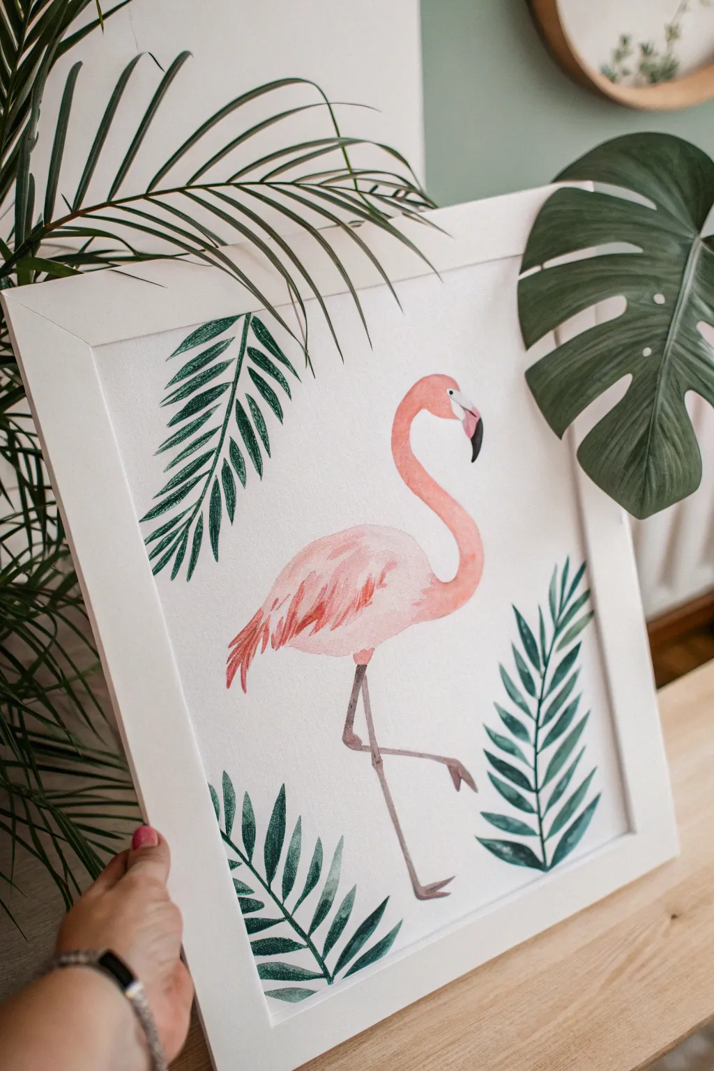 Minimal flamingo framed by bold palm fronds, soft blush and sage tones for easy painting.