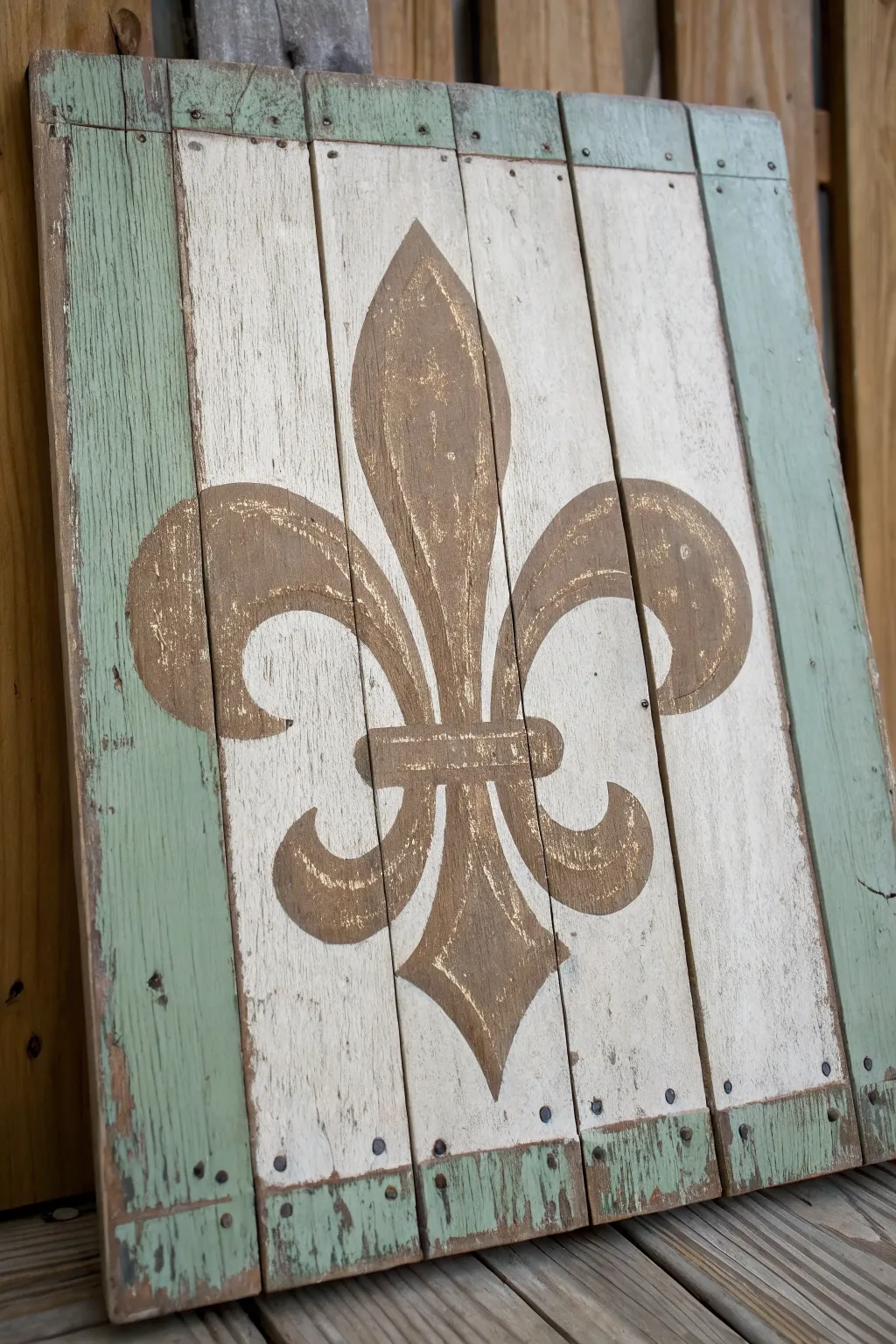 Rustic fleur de lis on distressed planks, soft antique tones and crisp contrast for easy painting