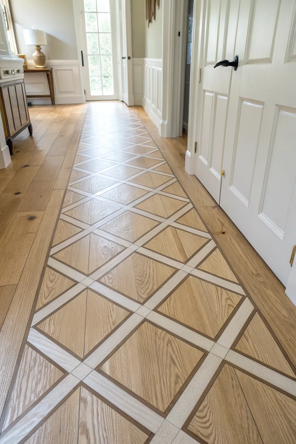 Soft trellis grid over wood grain adds classic structure to a bright, minimalist entry.