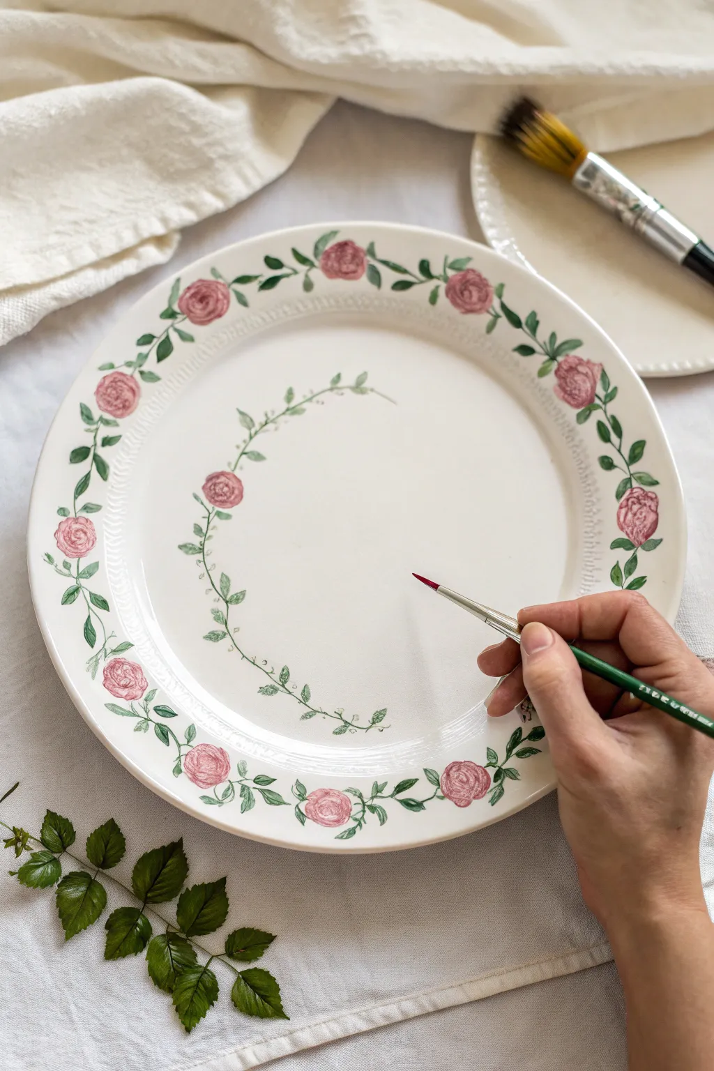 Delicate rose garland plate with twisting vines, finished with one fine brushstroke.