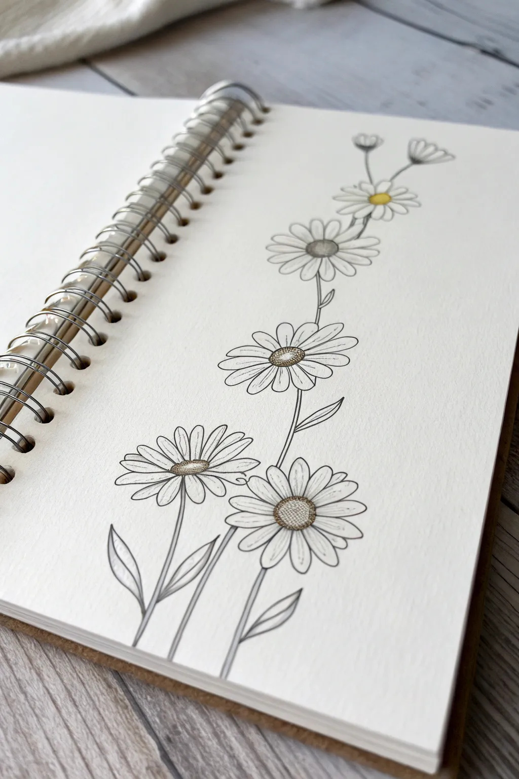 Minimal daisy chain line drawing with soft shading for a calming, modern flower art study