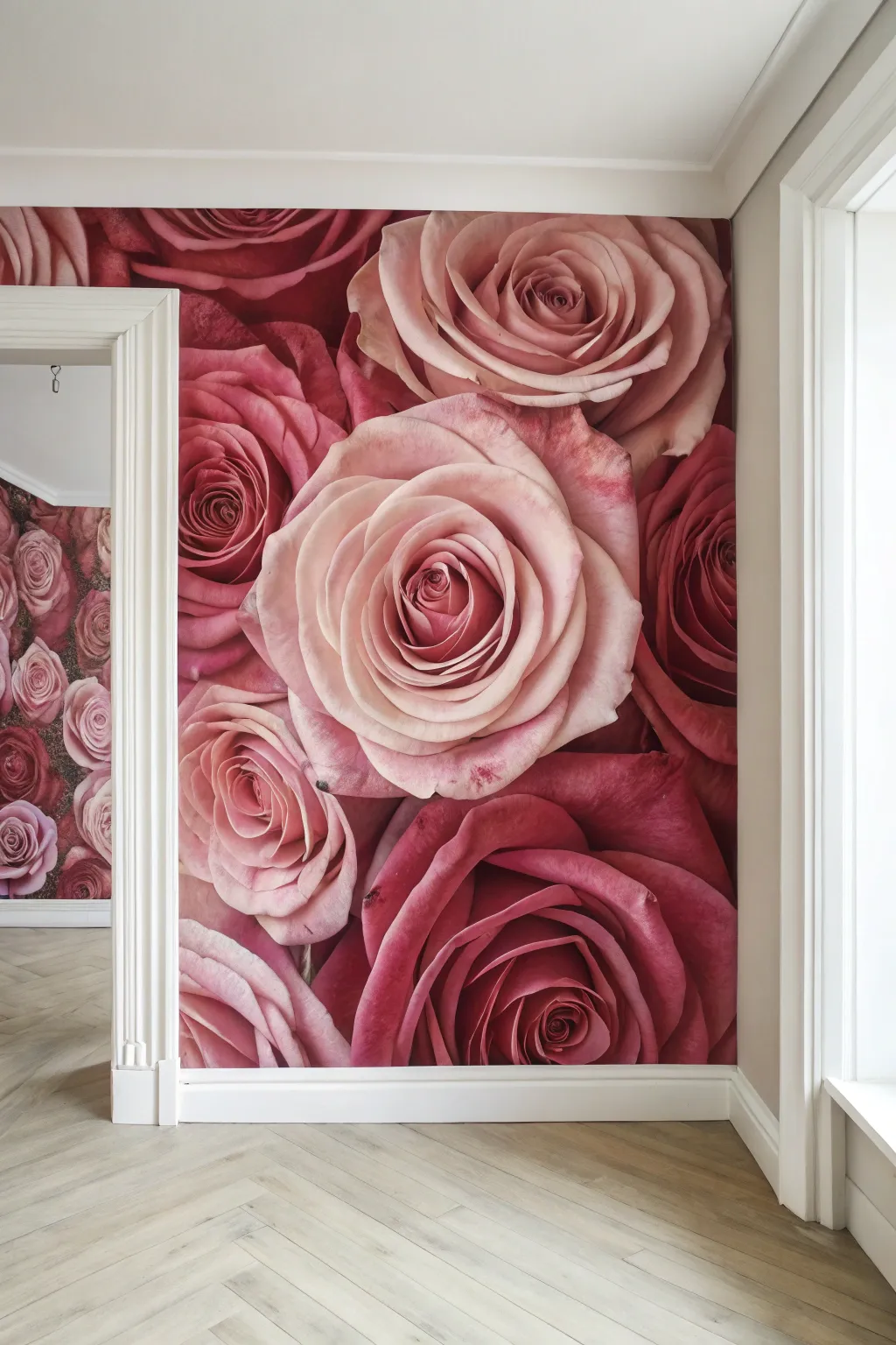 Romantic layered rose mural in blush-to-crimson tones, a lush minimalist statement wall.