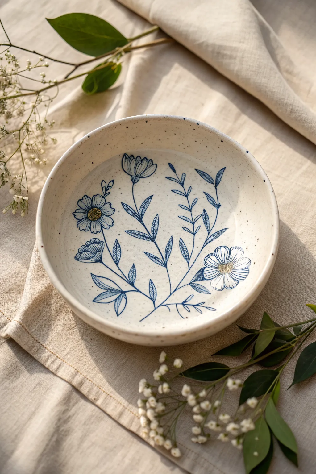Crisp blue botanical linework on a handmade bowl, minimalist Scandinavian with boho warmth.