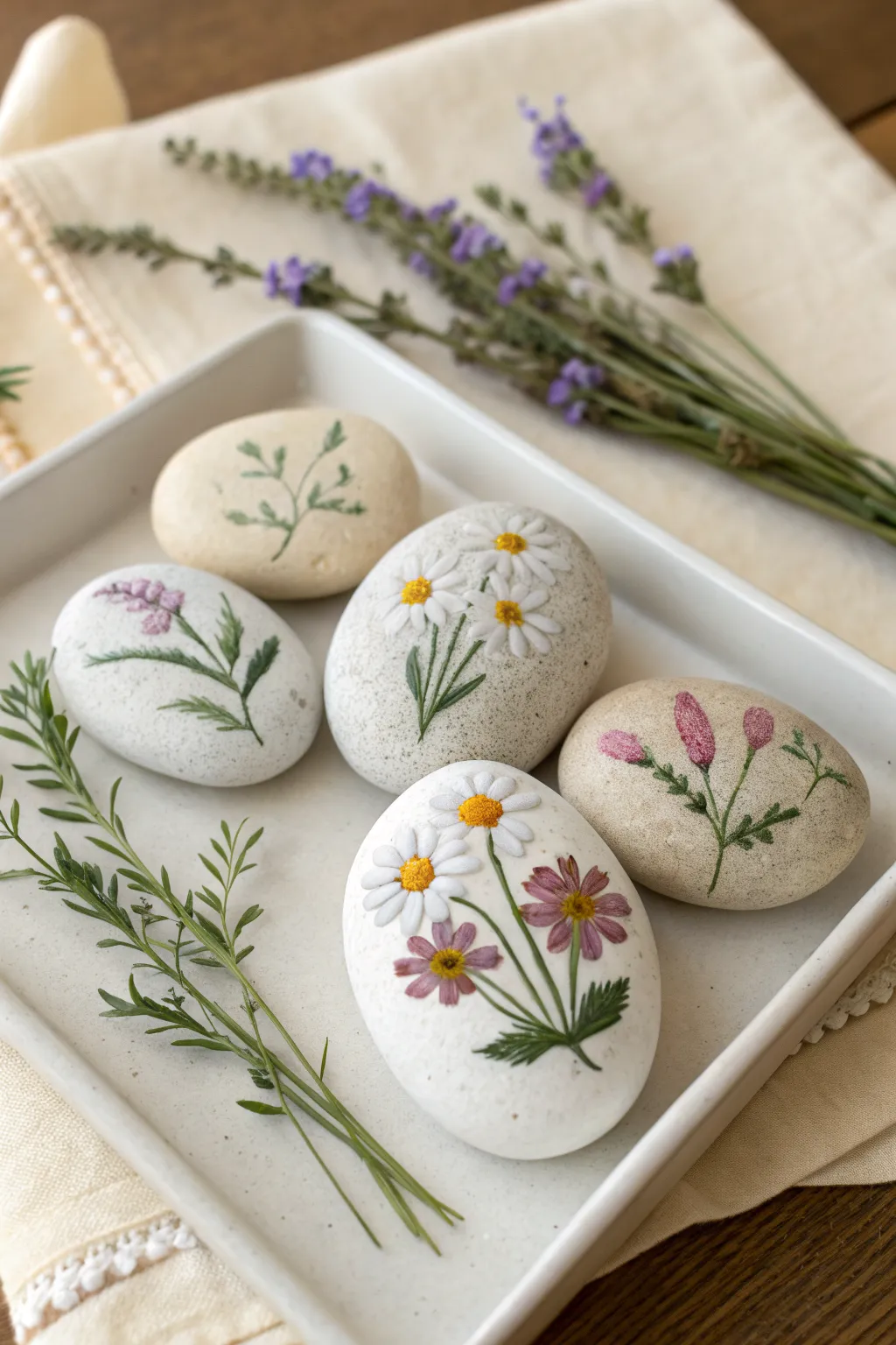 Soft wildflower bouquet rocks in a cohesive palette, simple to paint and perfect for gifting.