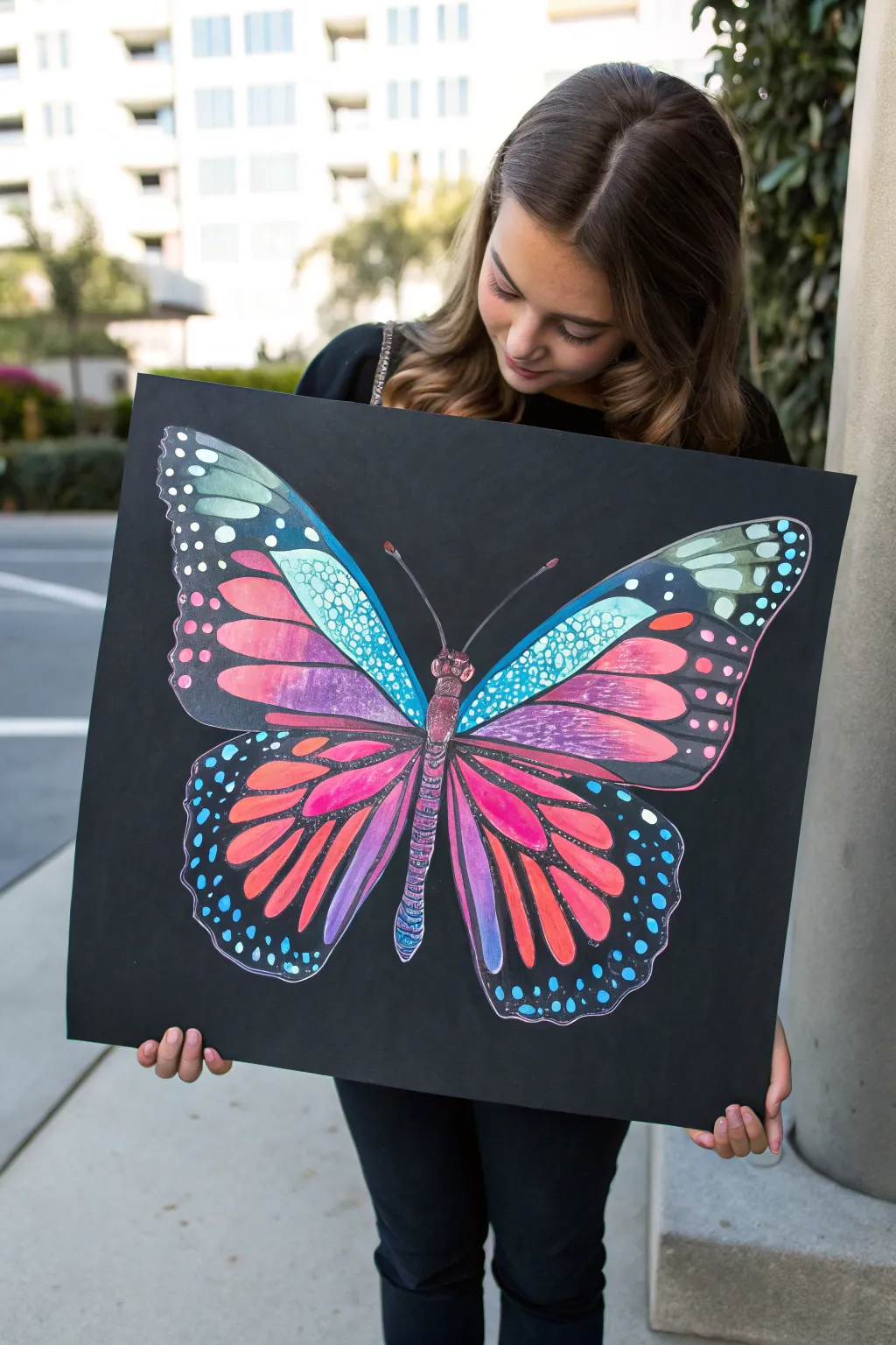 Neon butterfly wing patterns shown in daylight and under UV glow, perfect fluorescent paint inspo