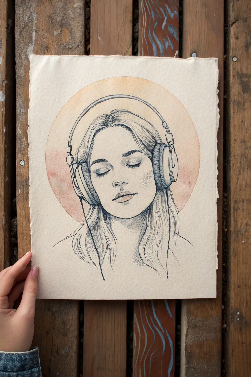 Draw a calm focus bubble with headphones: smooth lines inside, scribbles outside for instant concentration.