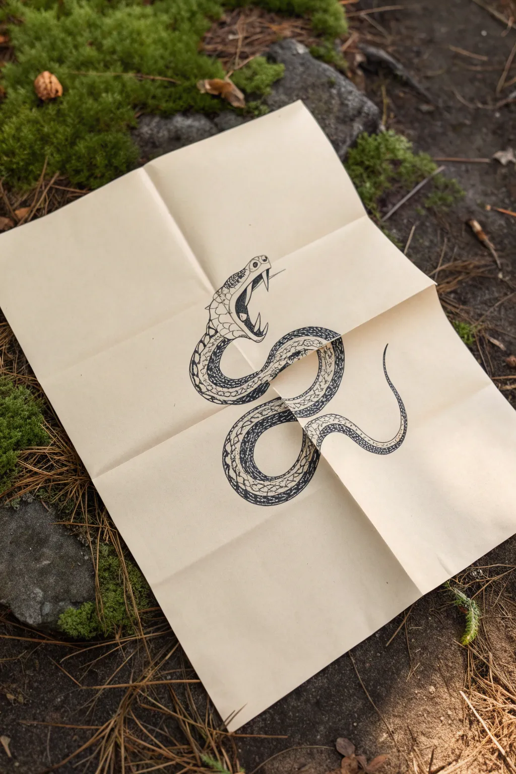 Fold-reveal snake drawing: from a shy curl to a bold wide-fanged strike across the crease