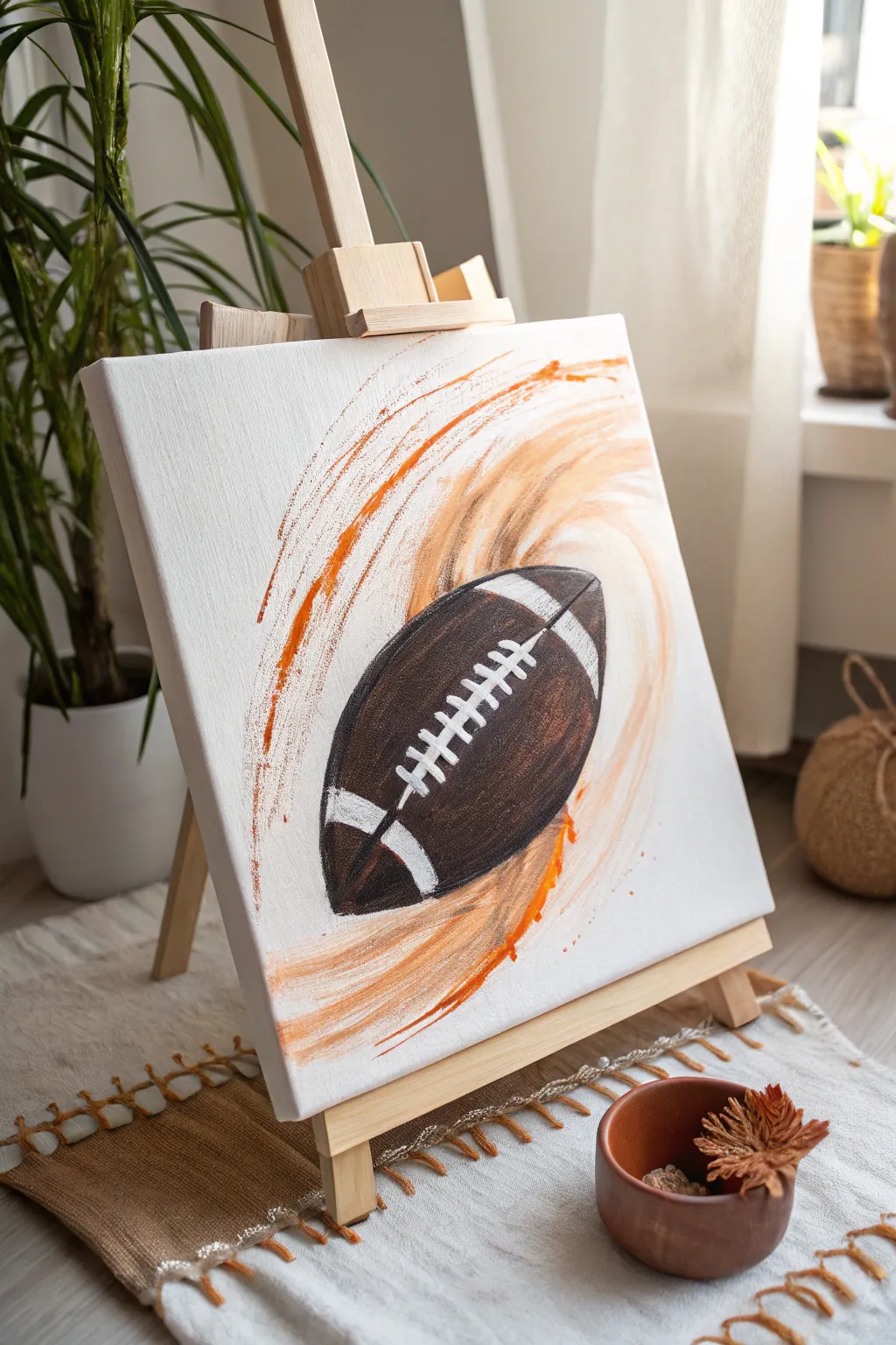 Minimalist football swirl with bold motion streaks for dynamic, modern painting inspiration