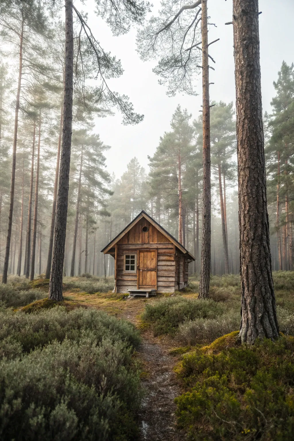 A cozy rustic cabin in a quiet woodland clearing, Nordic minimal tones with a soft boho feel.