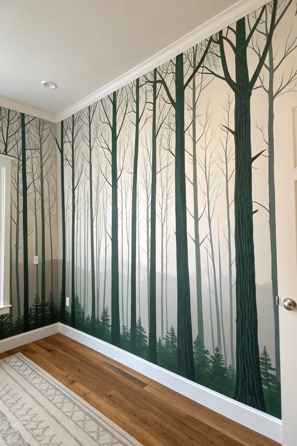 Tall, minimal tree trunks mural that makes the wall feel higher and airy with bold contrast