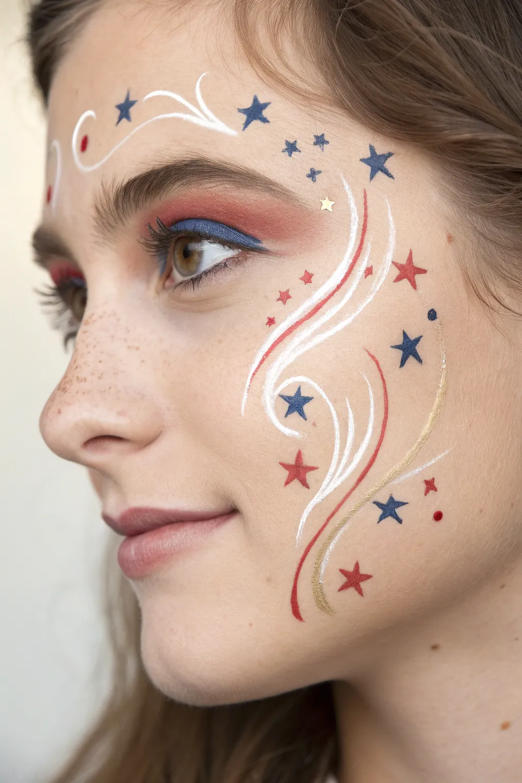 Airy sparkler trail swirls with tiny stars, a minimalist Fourth of July face paint look