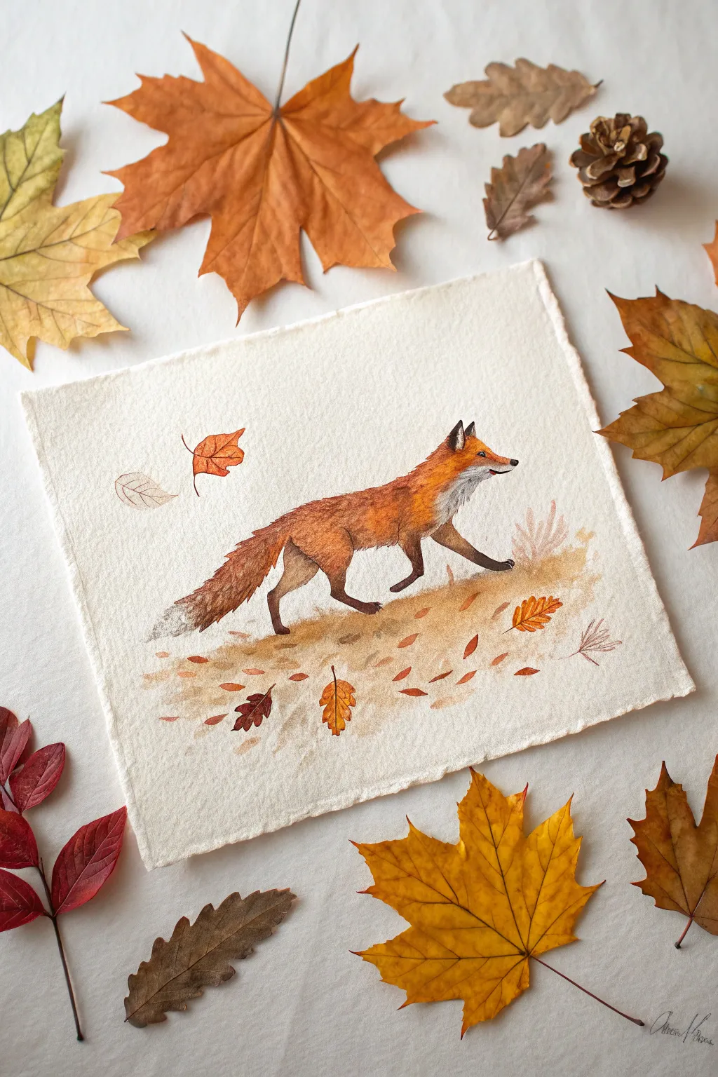 Autumn fox in rust and gold foliage, minimalist Scandinavian watercolor mood with a boho touch