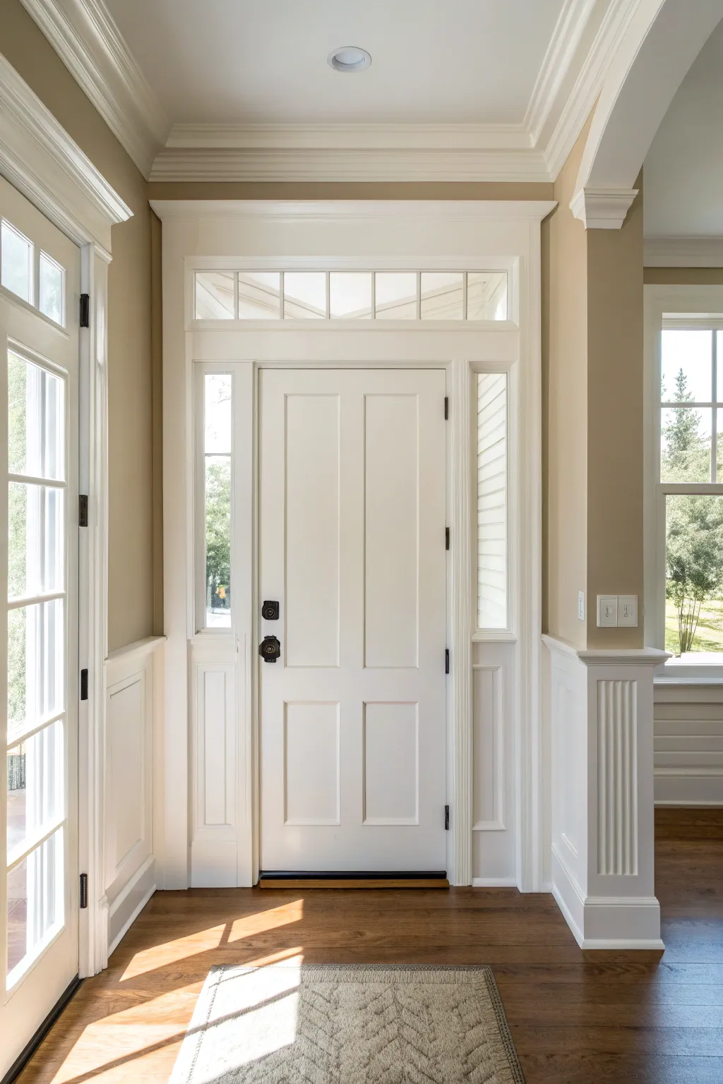 Crisp white trim against warm greige walls makes a foyer feel clean, bright, and refined.