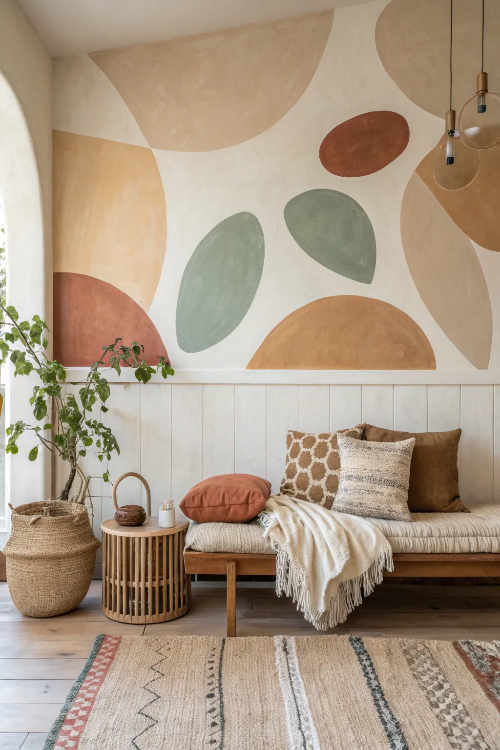 Oversized overlapping blobs in earthy tones bring freehand calm to a minimalist wall.
