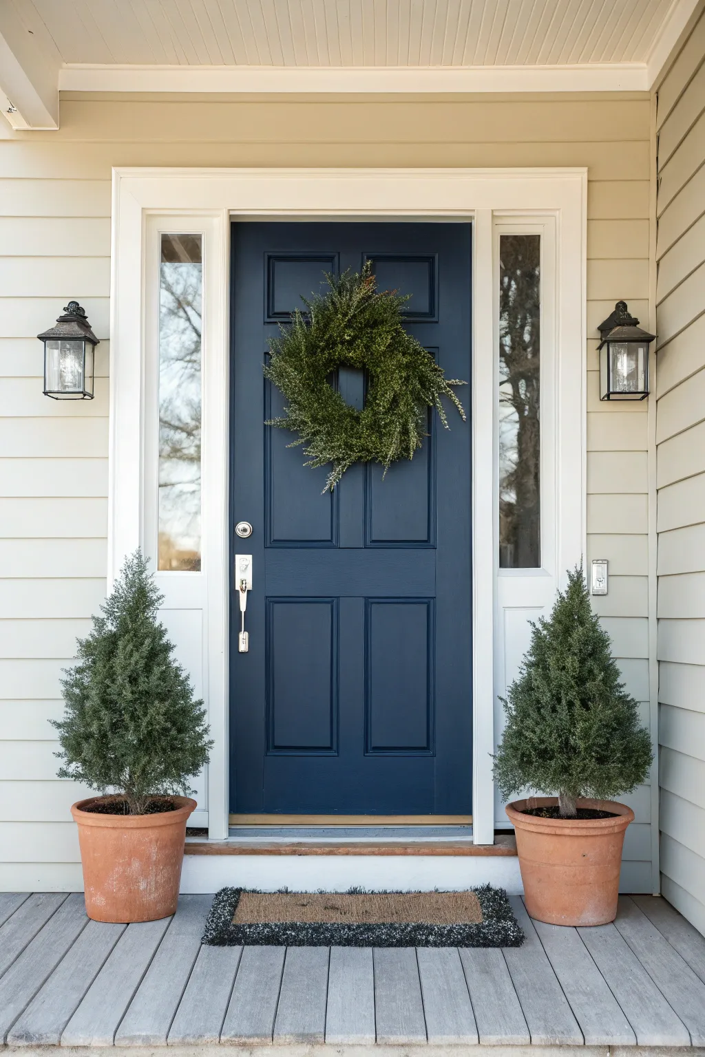 A deep navy front door shines against pale trim for a chic, minimalist porch focal point.