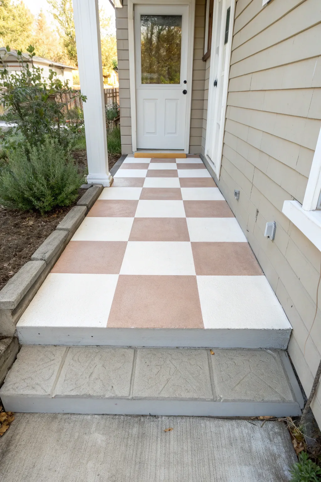 Big neutral checkerboard porch paint idea with clean lines and cozy minimalist boho contrast