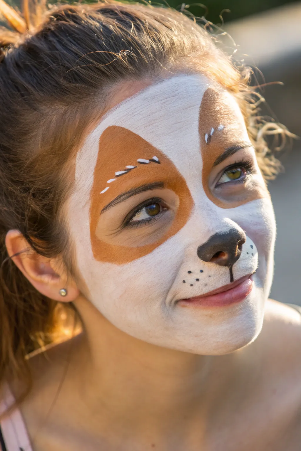 Warm full-face puppy paint with floppy ears, soft snout highlights, minimalist boho palette