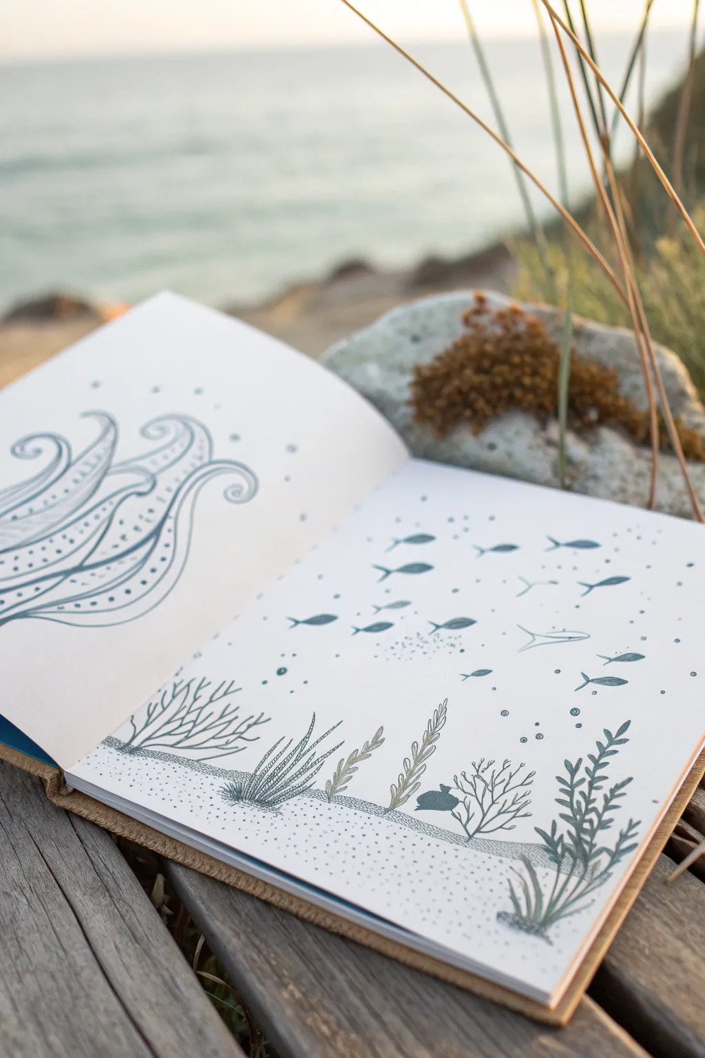 All-over fish school drawing with coral fillers, flowing off the page in calm minimalist style.