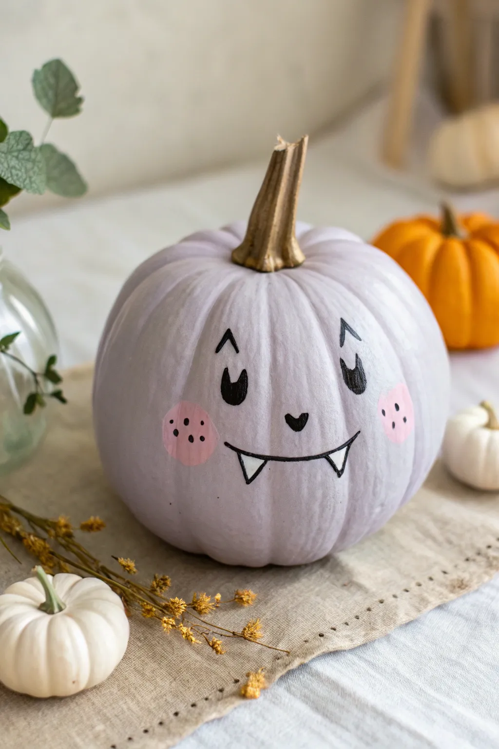 Paint a sweet mini vampire pumpkin with rosy cheeks and tiny fangs in cozy neutral fall light.