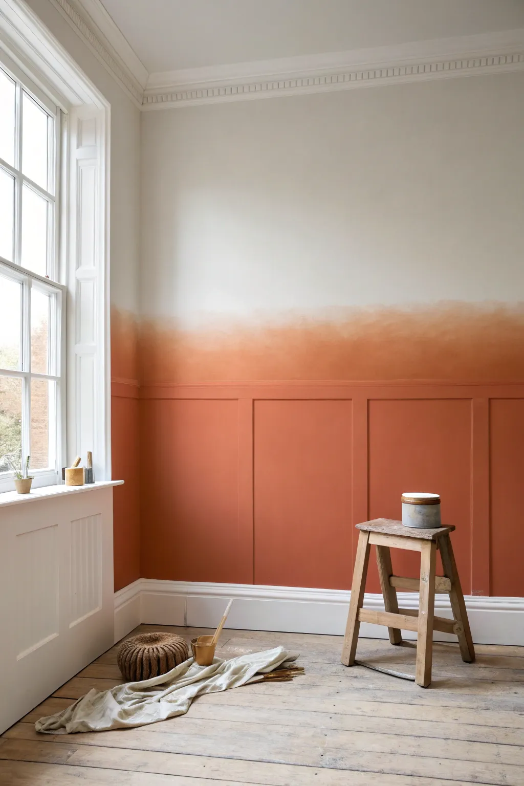 Soft ombre wall fade from terracotta to cream, simple DIY tools for a cozy upgrade