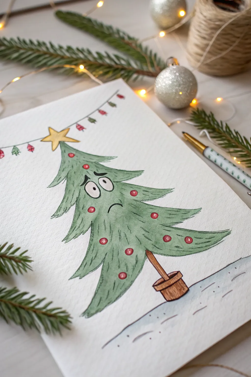 A droopy Christmas tree with a worried face, perfect for a funny, easy holiday drawing idea