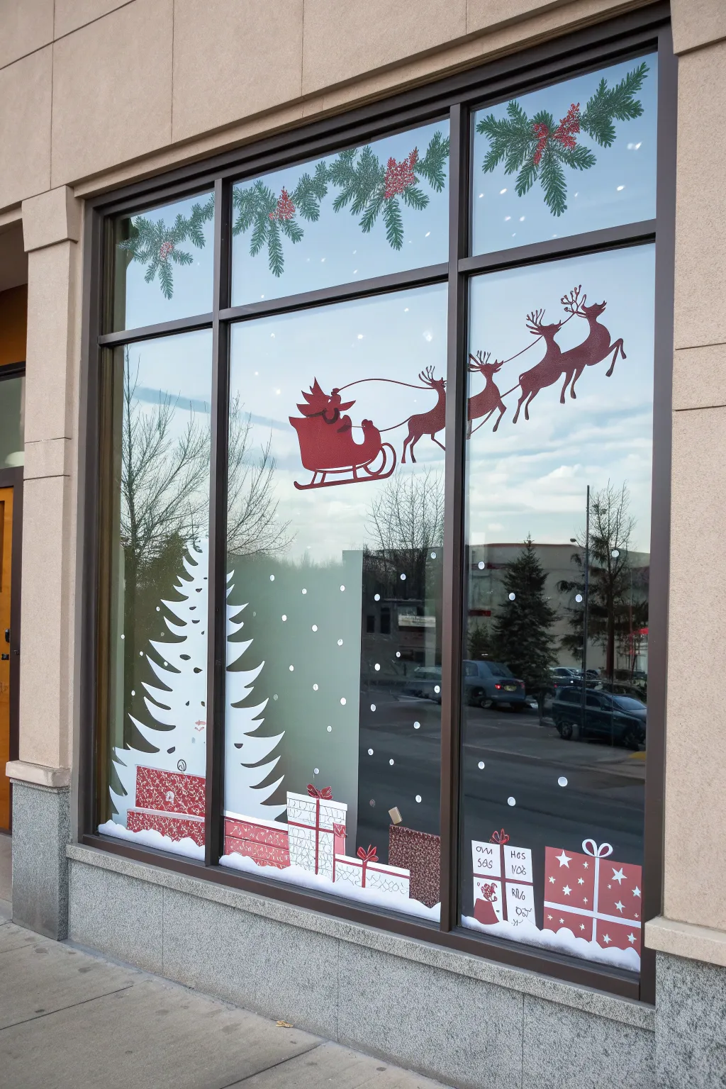 Santas sleigh speeds by while goofy presents tumble behind for a funny, stylish window painting