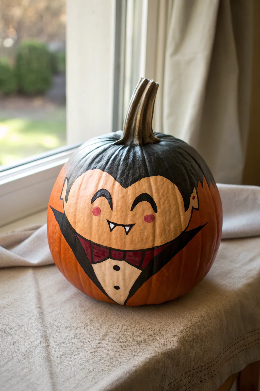 Paint a sleepy vampire pumpkin with tiny fangs and a cape collar for a cute spooky giggle.