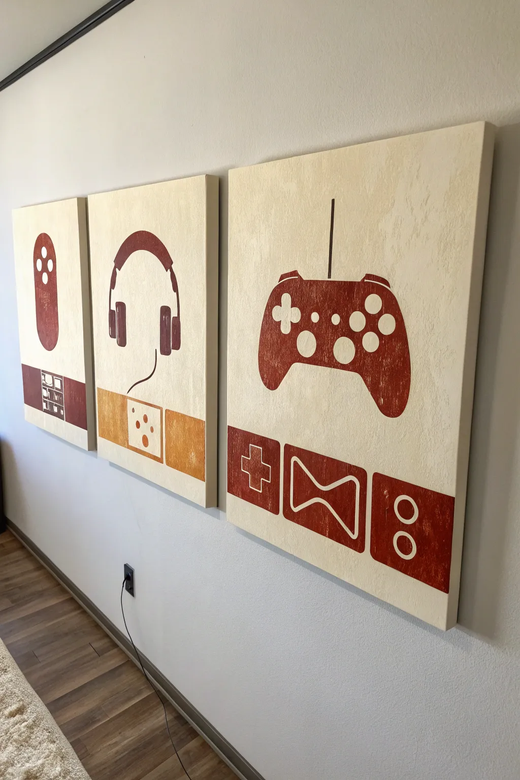Minimal gamer triptych with boho drips: controller, headset, and screen in calm neutral tones.
