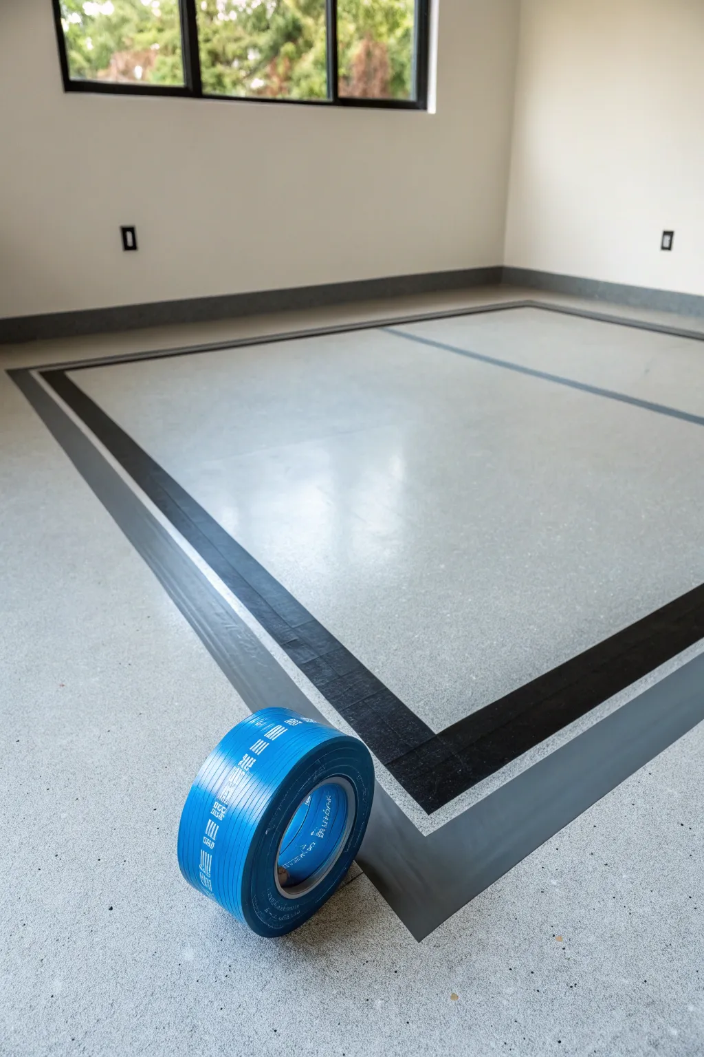 Crisp taped border corner on a minimalist garage floor, with blue tape ready for clean lines.