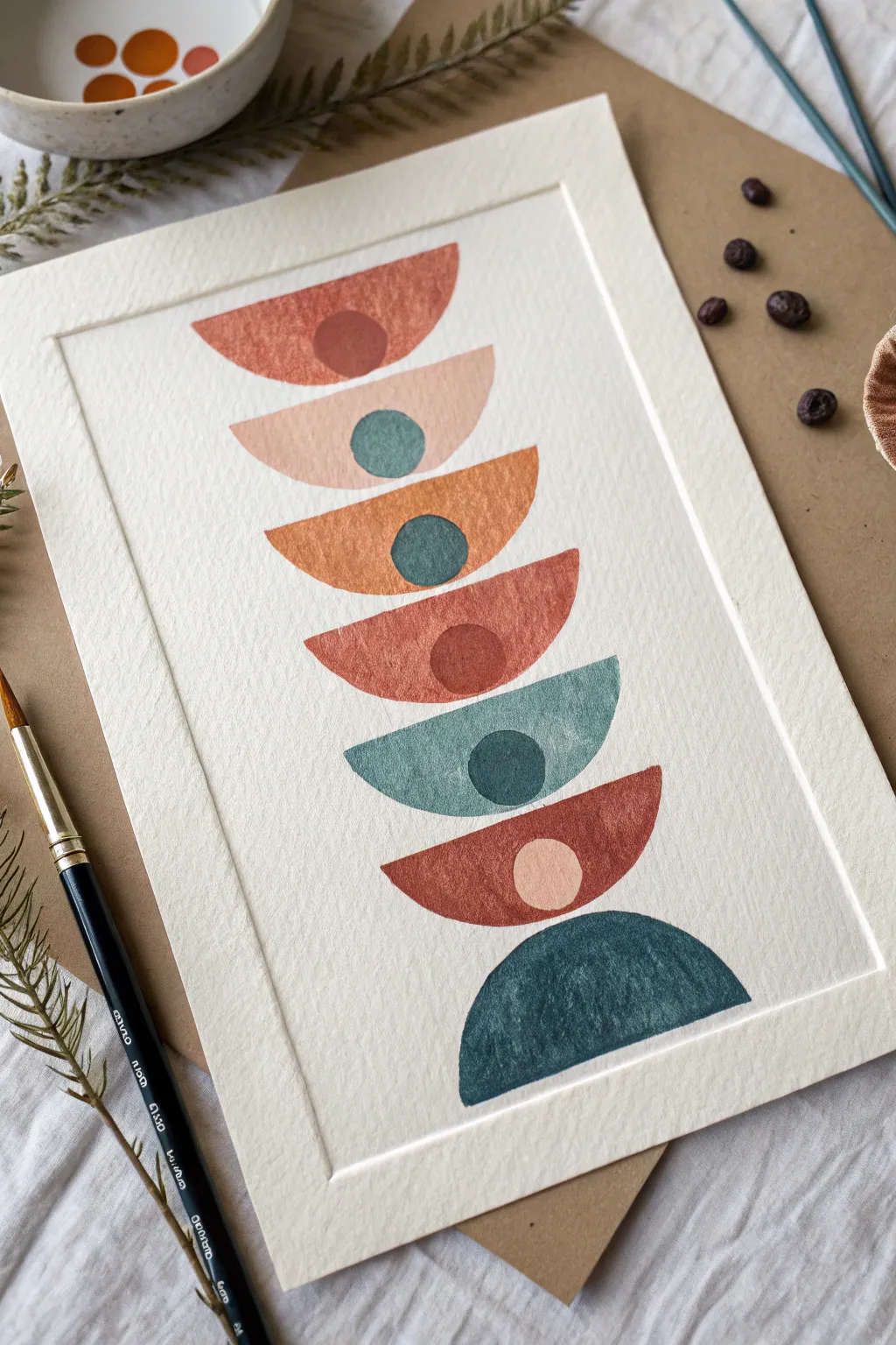 Half-circle and arc stacks in warm terracotta and cool teal for a calm geometric abstract idea