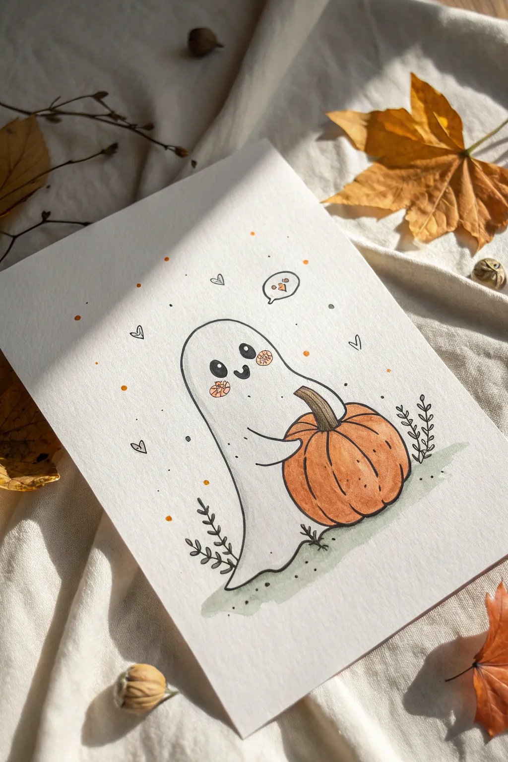 Spooky-cute ghost cuddling a pumpkin, minimalist fall drawing idea with cozy Scandinavian vibes