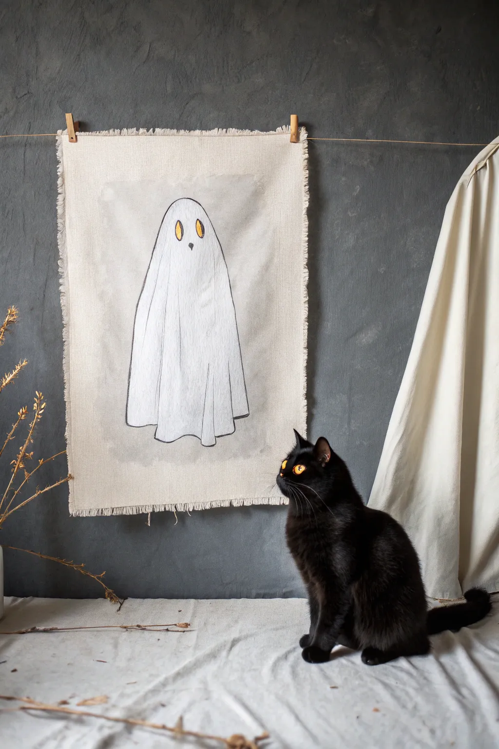 Soft sheet ghost with a sleek black cat, minimalist boho style for easy spooky painting practice.