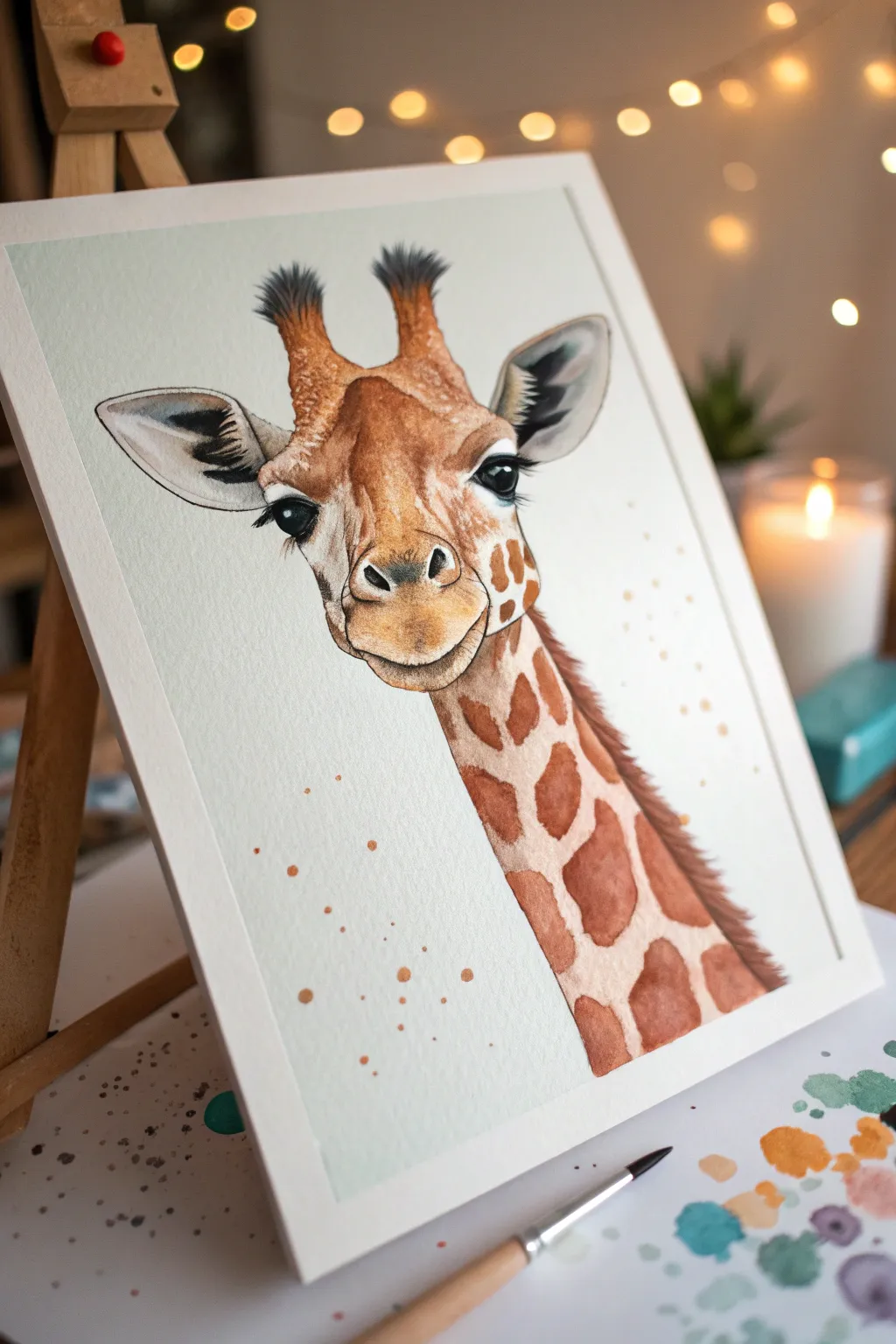Whimsical big-eyed giraffe close-up with rosy cheeks and a bright splatter backdrop
