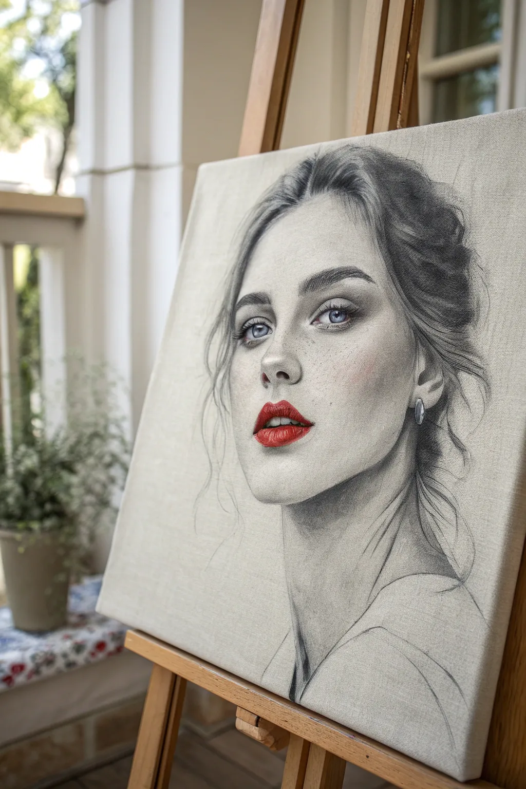 Grayscale girl portrait with a bold red lip pop, minimalist canvas art inspiration.