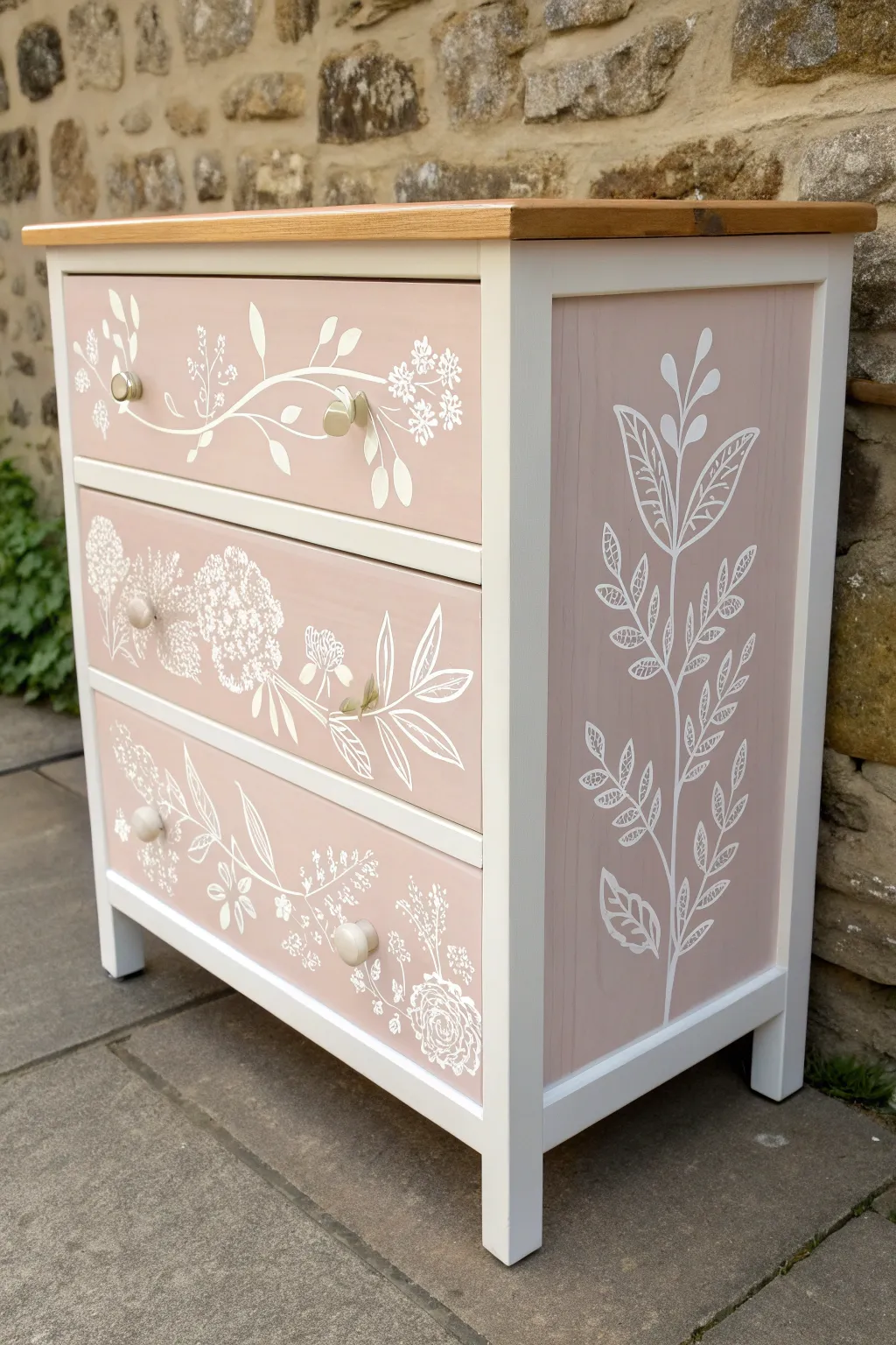 Soft blush dresser with delicate floral stencil drawers, minimalist boho charm for a girls room.
