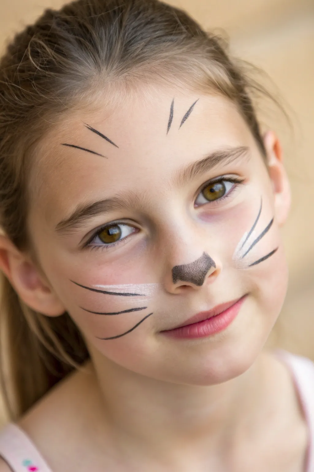 Sweet cat nose face paint with soft whiskers and shimmer cheeks, minimalist and boho cute