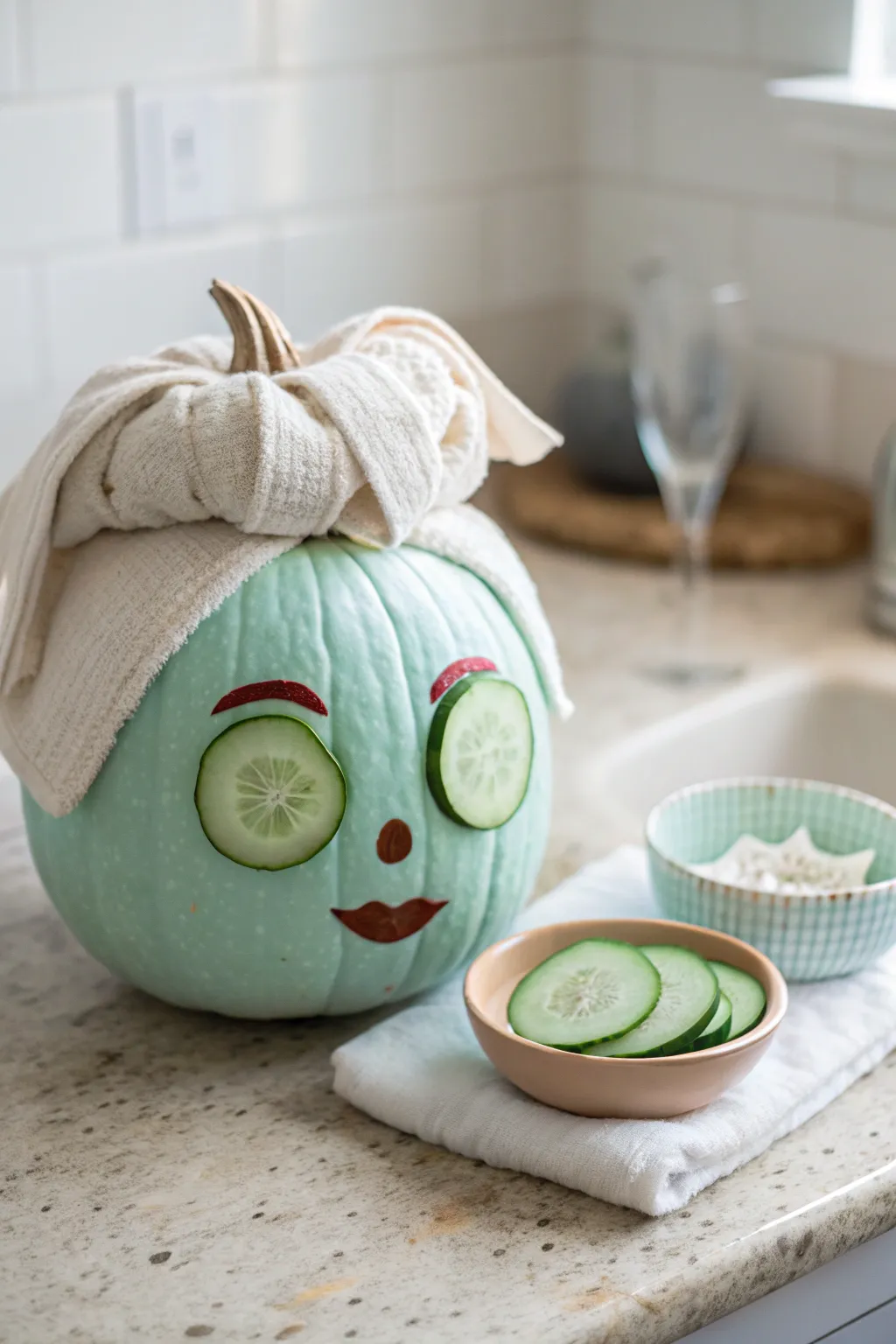 Spa day girl pumpkin with mint mask, cucumber eyes, and linen headband in calm boho style