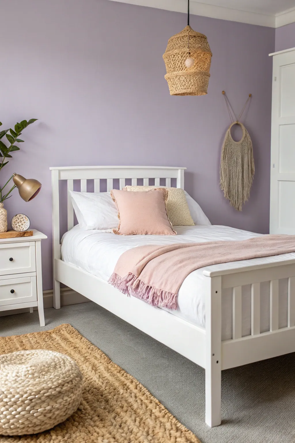 Soft lavender wash walls with a crisp white bed for a dreamy, airy girls room vibe