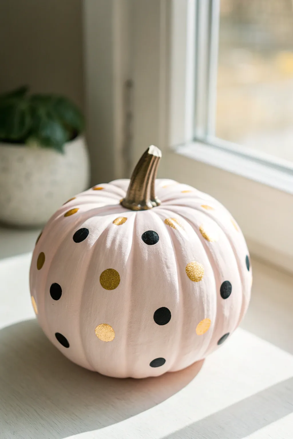 Chic pastel pumpkin with bold polka dots and a hint of gold, clean and minimalist