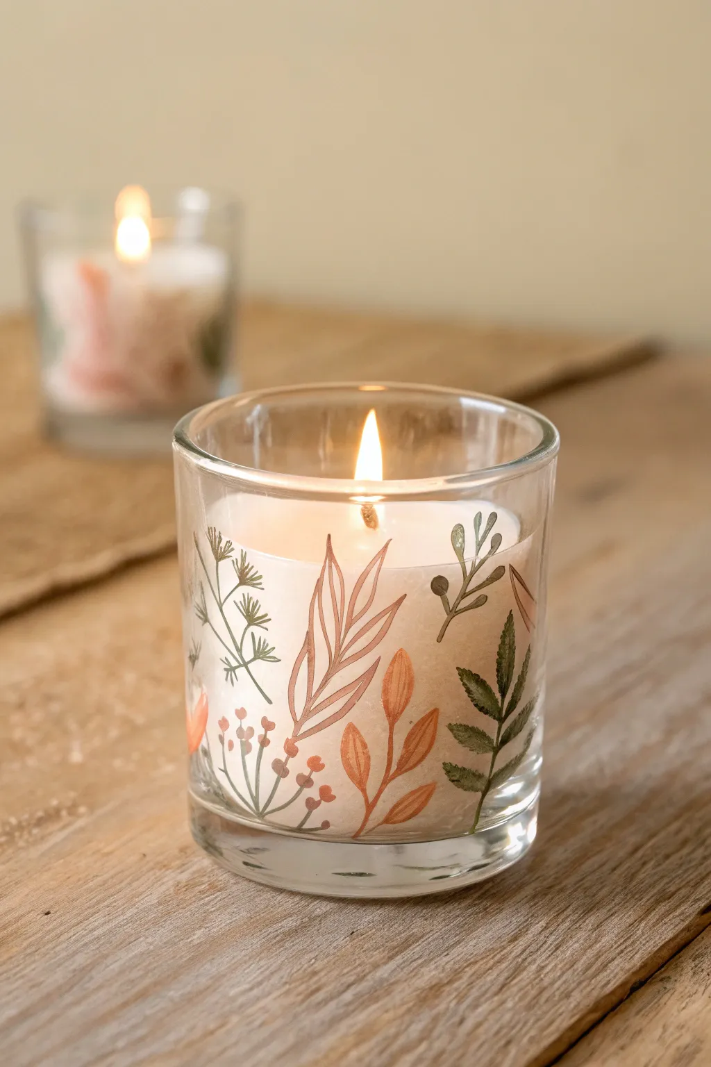 A softly painted glass votive holder glowing from within, minimalist Scandinavian with boho warmth