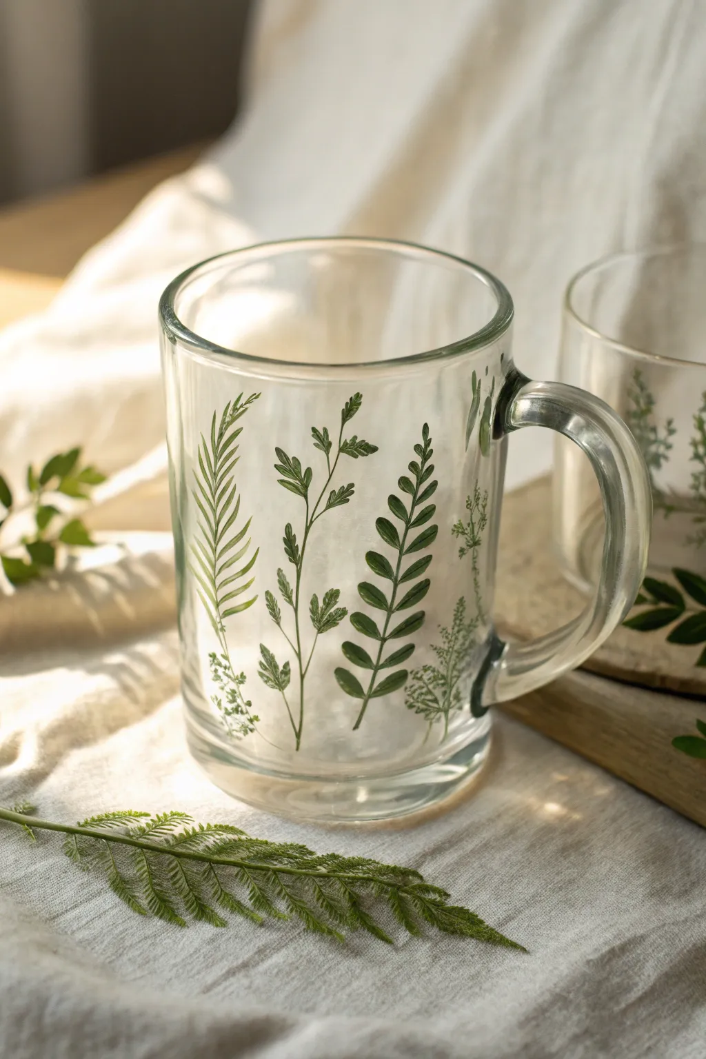 Minimal glass mug with sage leafy silhouettes, softly styled with a hint of boho greenery