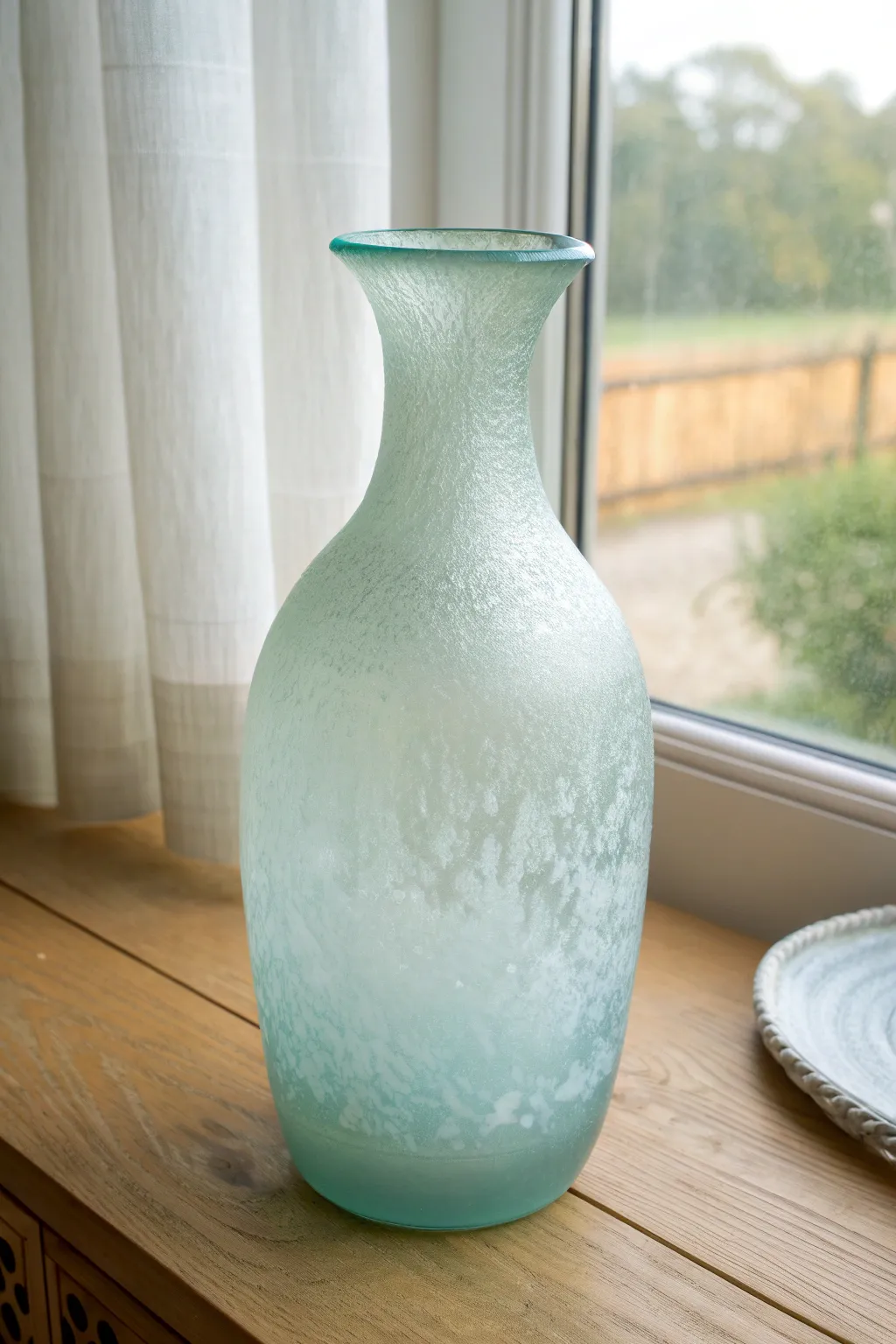 Frosted sea-glass vase glowing in soft window light, minimalist and handcrafted feel